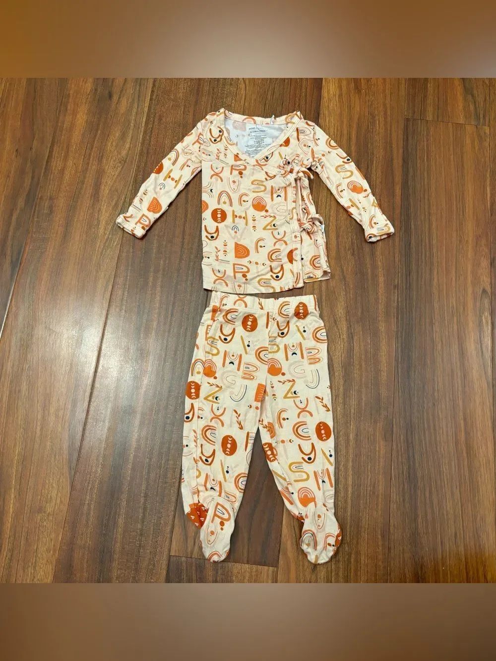 Posh Peanut Alphabet Medley Orange kimono top and footed bottoms